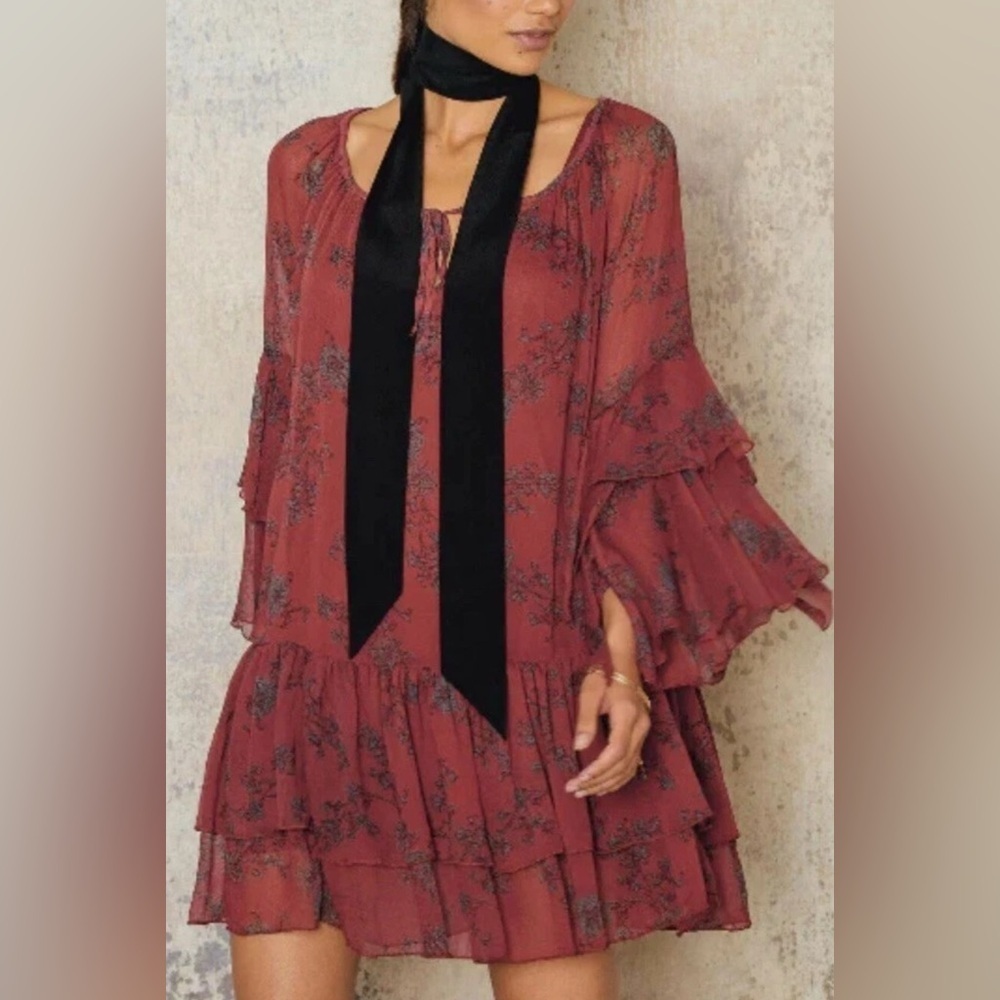 Free People Sunsetter Dress Red Floral Pattern Size XS‎